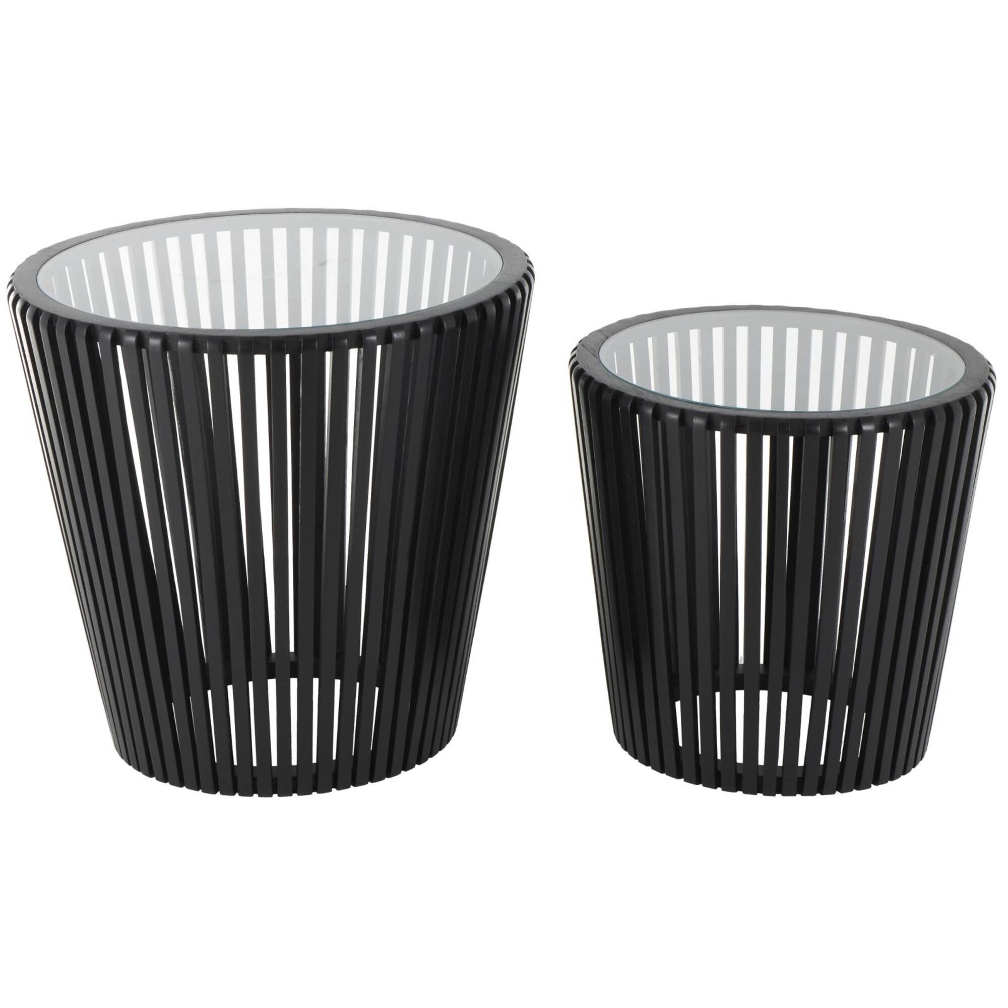 Black Wood Cage Inspired Accent Table with Clear Glass Tabletop Set